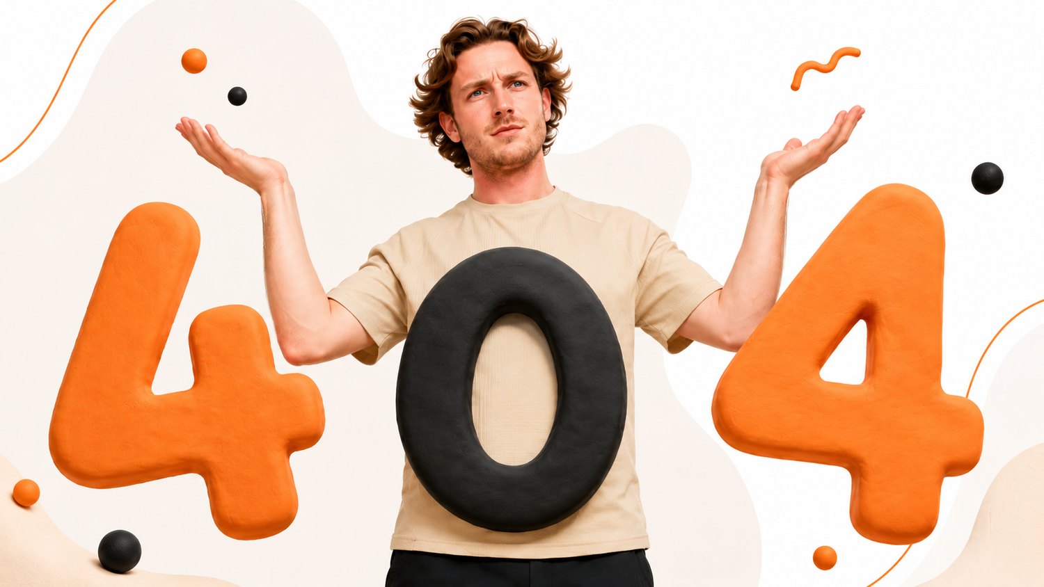 Iemand haalt de schouders op tussen grote kleicijfers die samen 404 vormen