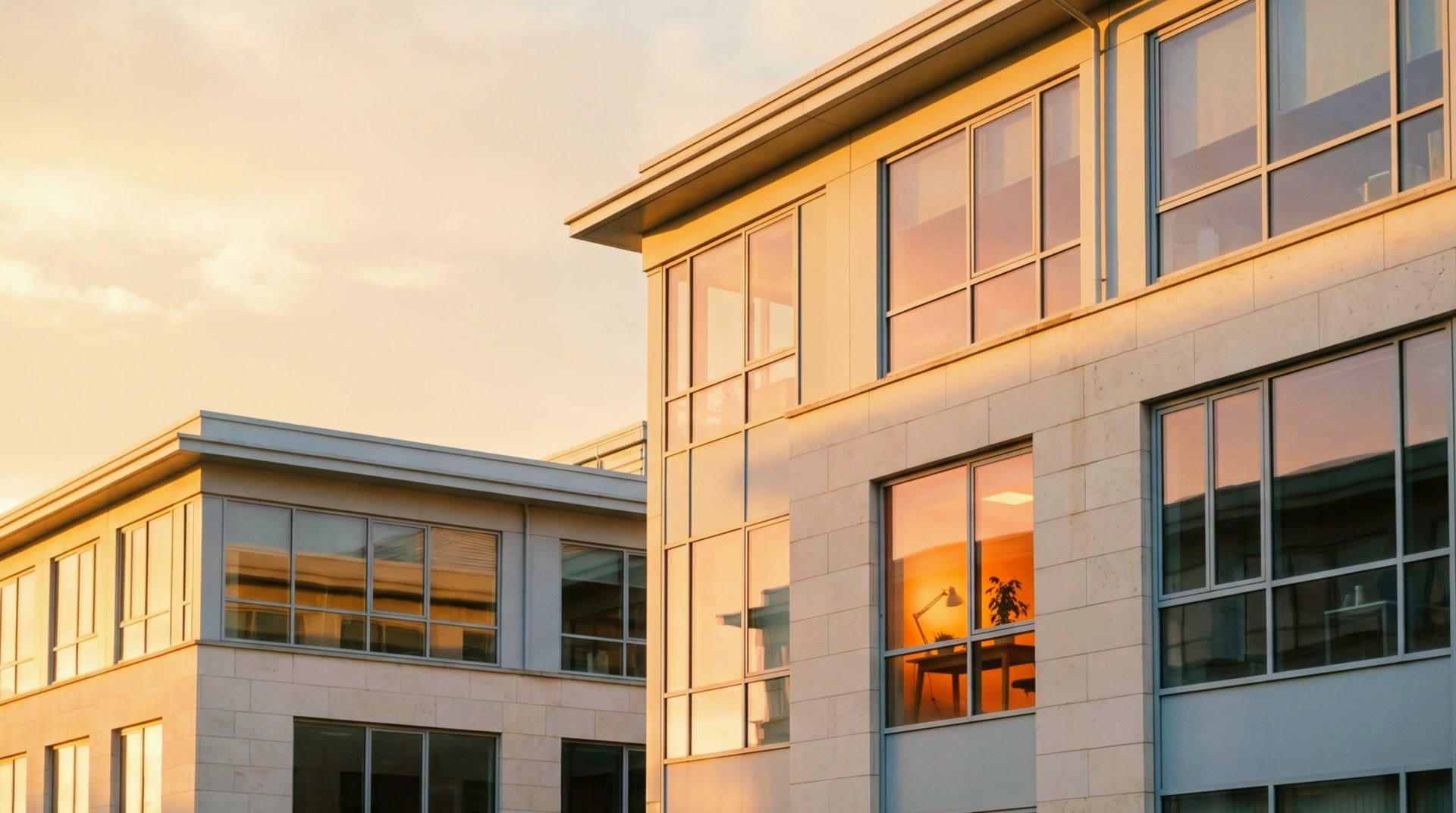 Office facade in the first morning light, one window still lit